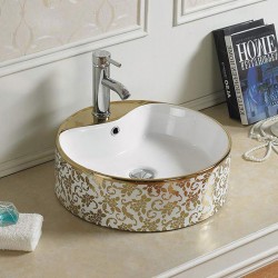 Vasque céramique ronde blanc brillant décor floral doré Ø46,5 cm