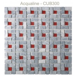Mosaïque 30x30 en pierre grise et verre centre rouge (CUB400)