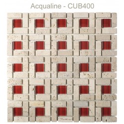 Mosaïque 30x30 en pierre beige et verre centre rouge (CUB400)