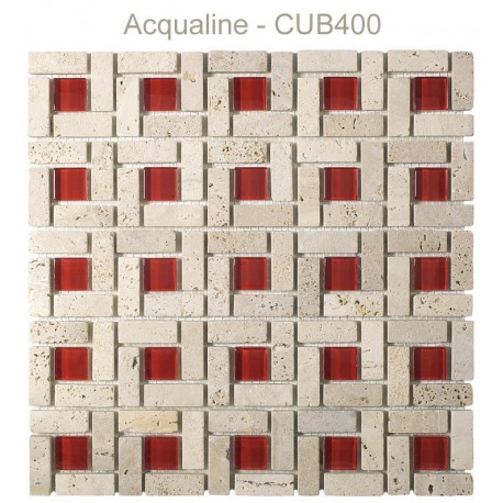 Mosaïque 30x30 en pierre beige et verre centre rouge (CUB400)