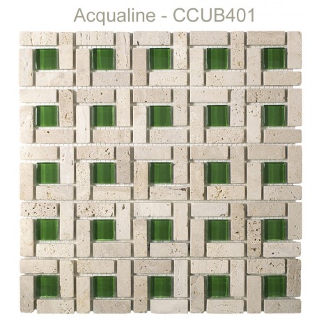 Mosaïque 30x30 en pierre beige et verre centre verte (CUB401)