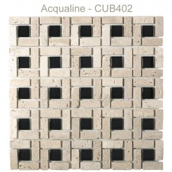 Mosaïque 30x30 en pierre beige et verre centre noir (CUB402)
