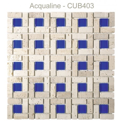 Mosaïque 30x30 en pierre beige et verre centre bleu (CUB403)