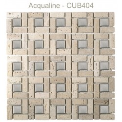 Mosaïque 30x30 en pierre beige et verre centre Alu (CUB404)