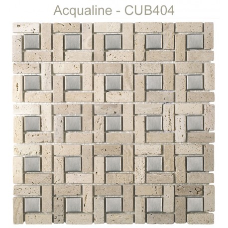 Mosaïque 30x30 en pierre beige et verre centre Alu (CUB404)
