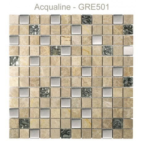 Mosaïque 30x30 en verre argent, pierre beige et Alu (GRE501)