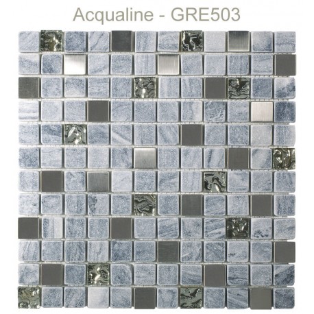 Mosaïque 30x30 en verre argent, pierre grise et Alu (GRE501)
